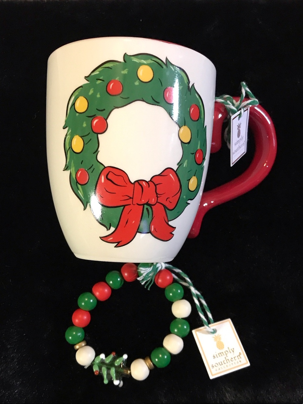 Simply Southern Red, Green & White Holiday Wreath Mug and Bracelet